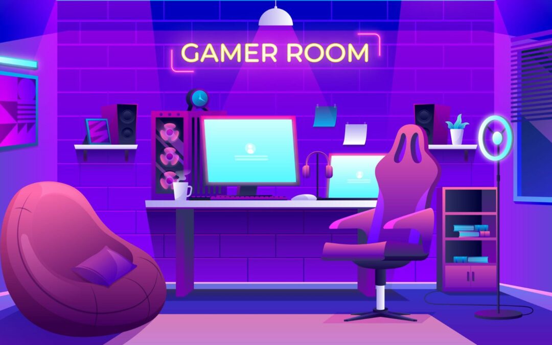 This image shows a gaming room with a computer and and a chair. The purpose of using this graphic is to provoke readers to imagine how they would incorporate SideQuest in their gaming setup. The image was created by pikisuperstar on Freepik.